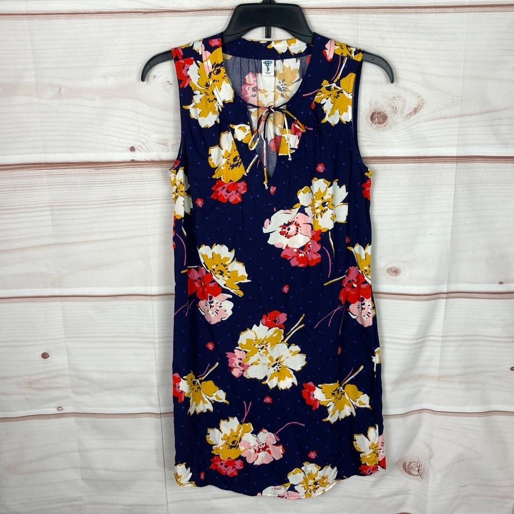 Old Navy Dress  Womens XS Blue Floral Shirt Sleeveless Tie‎ Neck Mini Pullover